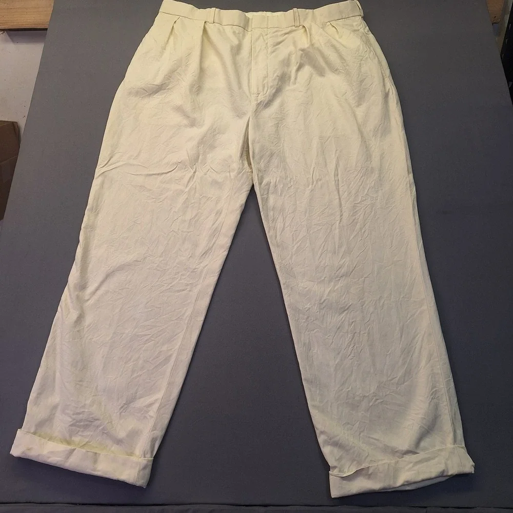 Polo Ralph Lauren Mens Pleated Silk Cotton Blend Trousers Cream Cuffed 40x32
